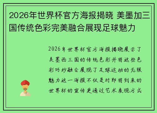 2026年世界杯官方海报揭晓 美墨加三国传统色彩完美融合展现足球魅力
