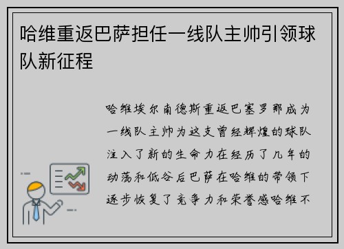 哈维重返巴萨担任一线队主帅引领球队新征程
